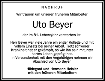 Anzeige von Uto Beyer von Schwäbische Zeitung