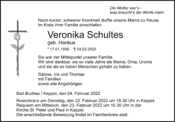 Anzeige von Veronika Schultes von Schwäbische Zeitung