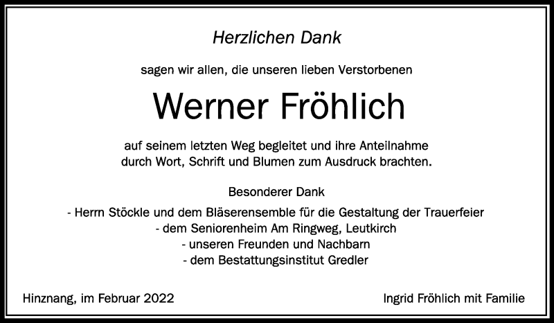  Traueranzeige für Werner Fröhlich vom 12.02.2022 aus Schwäbische Zeitung