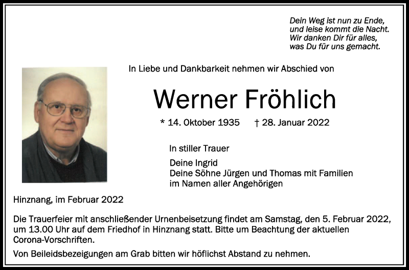  Traueranzeige für Werner Fröhlich vom 02.02.2022 aus Schwäbische Zeitung