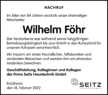 Anzeige von Wilhelm Föhr von Schwäbische Zeitung