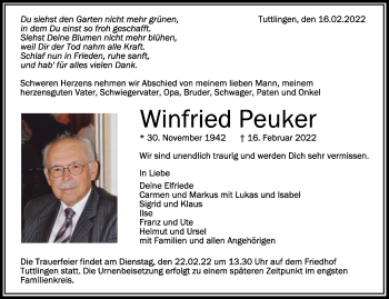 Anzeige von Winfried Peuker von Schwäbische Zeitung