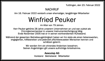 Anzeige von Winfried Peuker von Schwäbische Zeitung