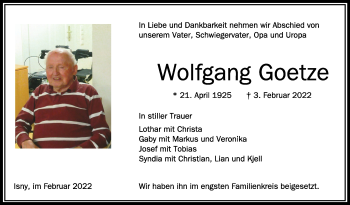 Anzeige von Wolfgang Goetze von Schwäbische Zeitung