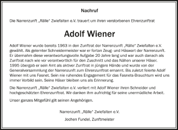 Anzeige von Adolf Wiener von Schwäbische Zeitung