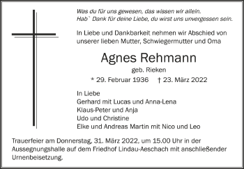 Anzeige von Agnes Rehmann von Schwäbische Zeitung