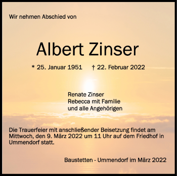 Anzeige von Albert Zinser von Schwäbische Zeitung