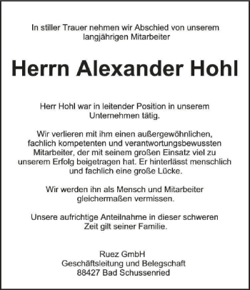 Anzeige von Alexander Hohl von Schwäbische Zeitung