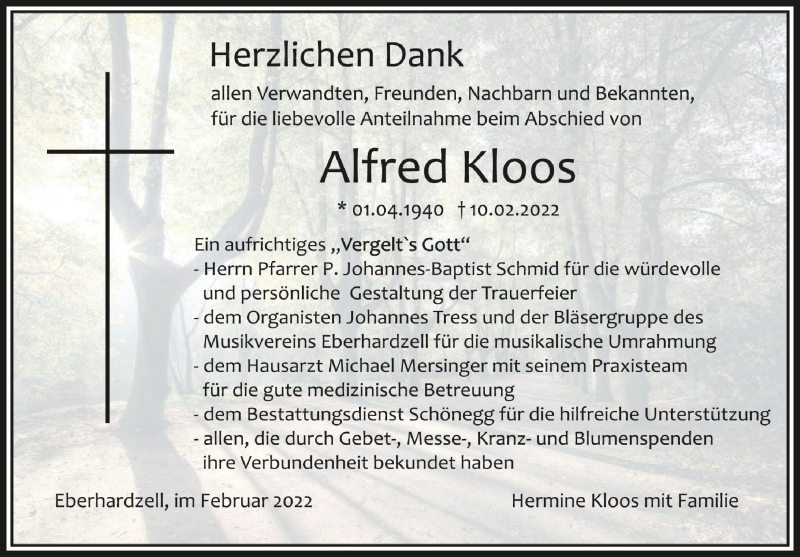  Traueranzeige für Alfred Kloos vom 01.03.2022 aus Schwäbische Zeitung