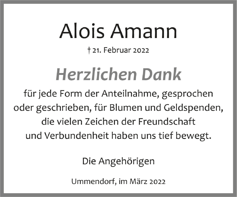  Traueranzeige für Alois Amann vom 05.03.2022 aus Schwäbische Zeitung