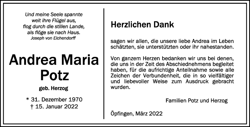  Traueranzeige für Andrea Maria Potz vom 19.03.2022 aus Schwäbische Zeitung