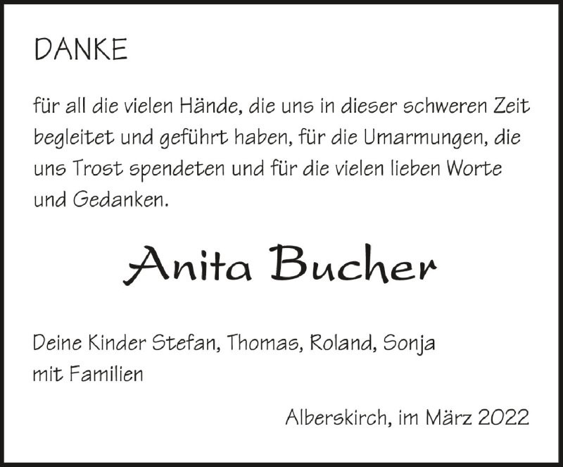  Traueranzeige für Anita Bucher vom 04.03.2022 aus Schwäbische Zeitung