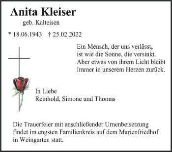 Anzeige von Anita Kleiser von Schwäbische Zeitung