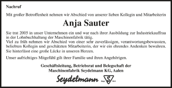 Anzeige von Anja Sauter von Schwäbische Zeitung