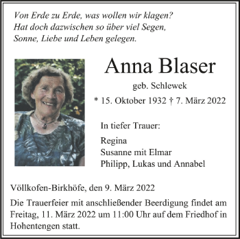 Anzeige von Anna Blaser von Schwäbische Zeitung