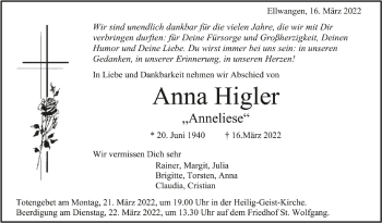 Anzeige von Anna Higler von Schwäbische Zeitung