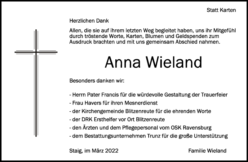  Traueranzeige für Anna Wieland vom 05.03.2022 aus Schwäbische Zeitung