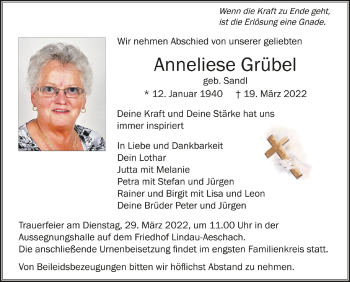 Anzeige von Anneliese Grübel von Schwäbische Zeitung