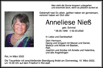 Anzeige von Anneliese Nieß von Schwäbische Zeitung