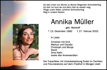 Anzeige von Annika Müller von Schwäbische Zeitung