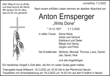 Anzeige von Anton Ernsperger von Schwäbische Zeitung