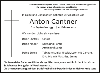 Anzeige von Anton Gantner von Schwäbische Zeitung