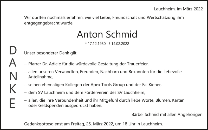  Traueranzeige für Anton Schmid vom 23.03.2022 aus Schwäbische Zeitung