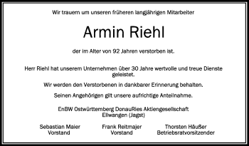 Anzeige von Armin Riehl von Schwäbische Zeitung