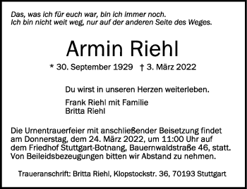 Anzeige von Armin Riehl von Schwäbische Zeitung