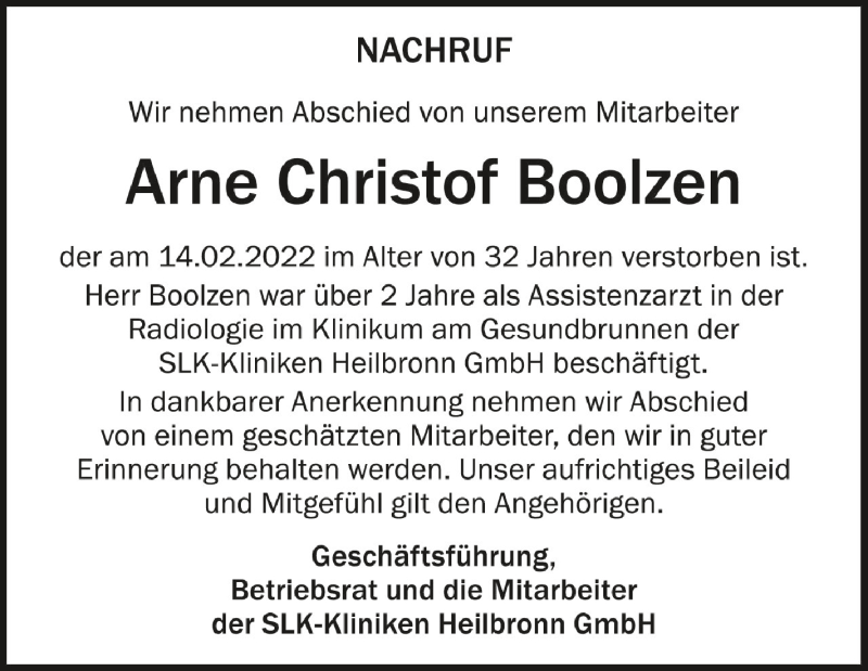  Traueranzeige für Arne Christof Boolzen vom 01.03.2022 aus Schwäbische Zeitung