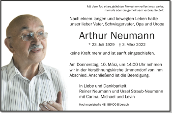 Anzeige von Arthur Neumann von Schwäbische Zeitung