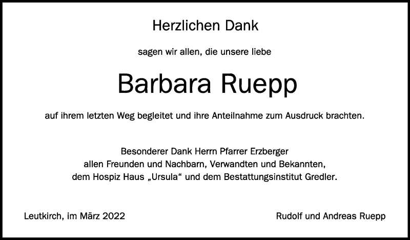  Traueranzeige für Barbara Ruepp vom 12.03.2022 aus Schwäbische Zeitung