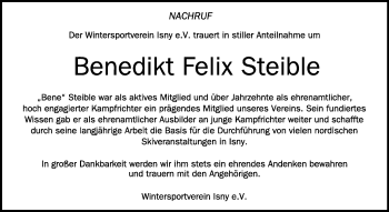 Anzeige von Benedikt Felix Steible von Schwäbische Zeitung