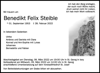 Anzeige von Benedikt Felix Steible von Schwäbische Zeitung