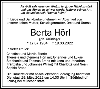 Anzeige von Berta Hörl von Schwäbische Zeitung