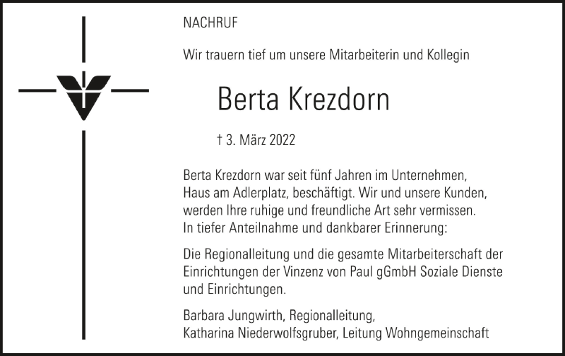  Traueranzeige für Berta Krezdorn vom 19.03.2022 aus Schwäbische Zeitung