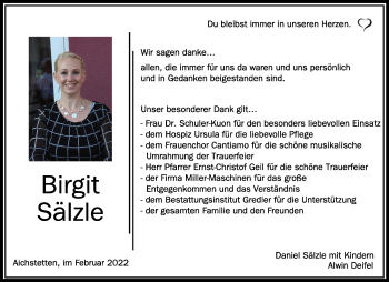 Anzeige von Birgit Sälzle von Schwäbische Zeitung