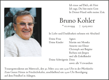 Anzeige von Bruno Kohler von Schwäbische Zeitung