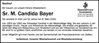 Anzeige von Candida Bayer von Schwäbische Zeitung