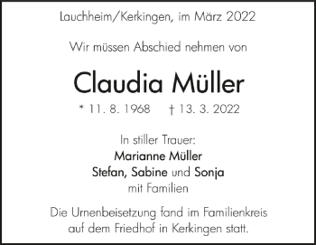 Anzeige von Claudia Müller von Schwäbische Zeitung