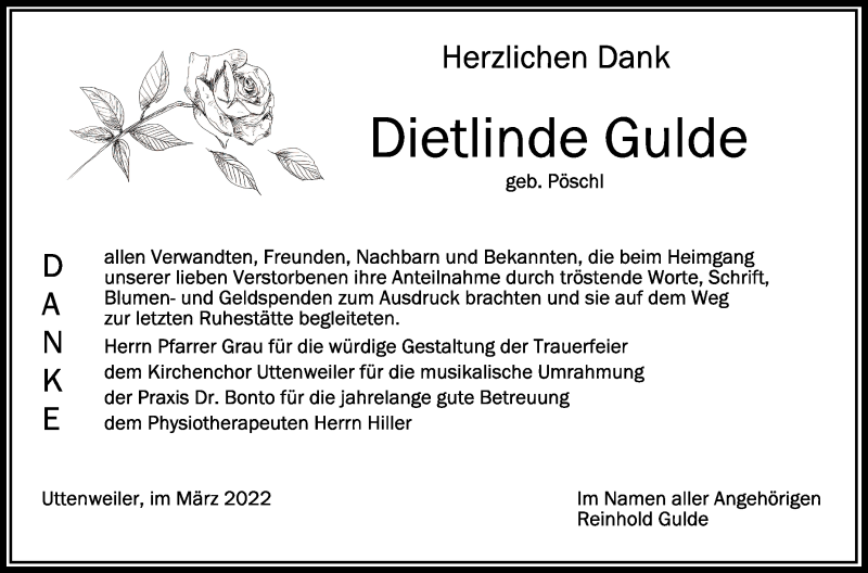  Traueranzeige für Dietlinde Gulde vom 12.03.2022 aus Schwäbische Zeitung