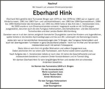 Anzeige von Eberhard Hink von Schwäbische Zeitung