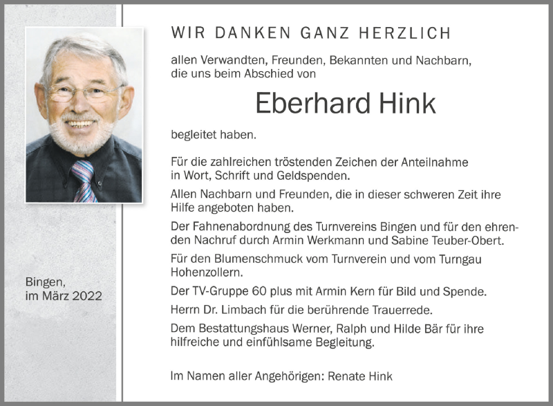  Traueranzeige für Eberhard Hink vom 19.03.2022 aus Schwäbische Zeitung