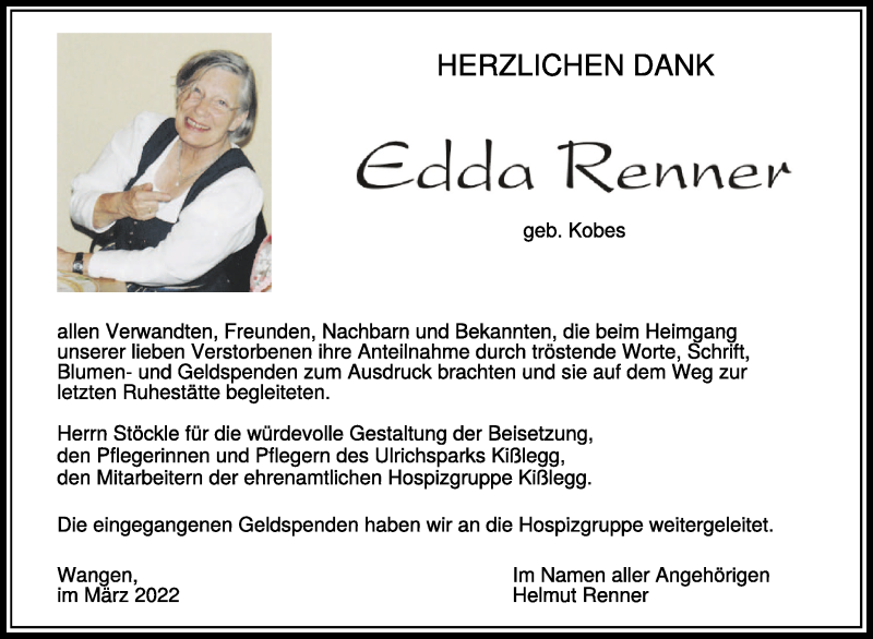  Traueranzeige für Edda Renner vom 12.03.2022 aus Schwäbische Zeitung