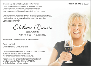 Anzeige von Edelina Braun von Schwäbische Zeitung