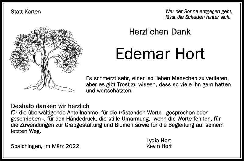  Traueranzeige für Edemar Hort vom 19.03.2022 aus Schwäbische Zeitung