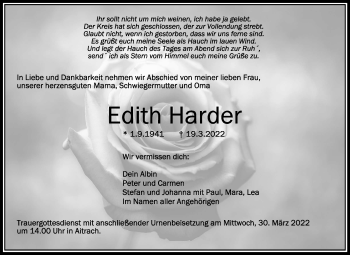 Anzeige von Edith Harder von Schwäbische Zeitung