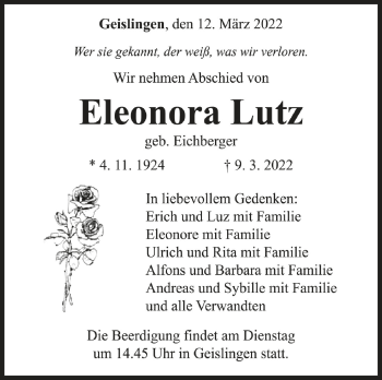 Anzeige von Eleonora Lutz von Schwäbische Zeitung