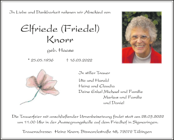 Anzeige von Elfriede Knorr von Schwäbische Zeitung