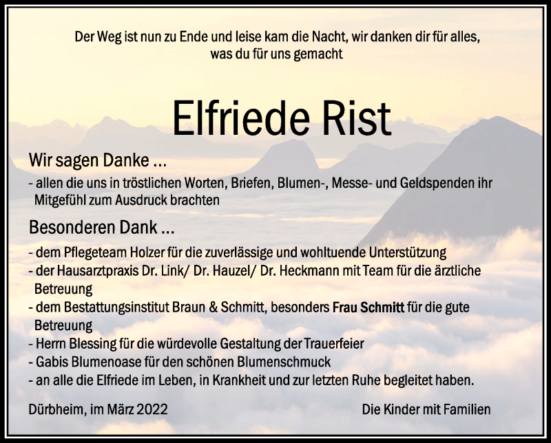  Traueranzeige für Elfriede Rist vom 16.03.2022 aus Schwäbische Zeitung